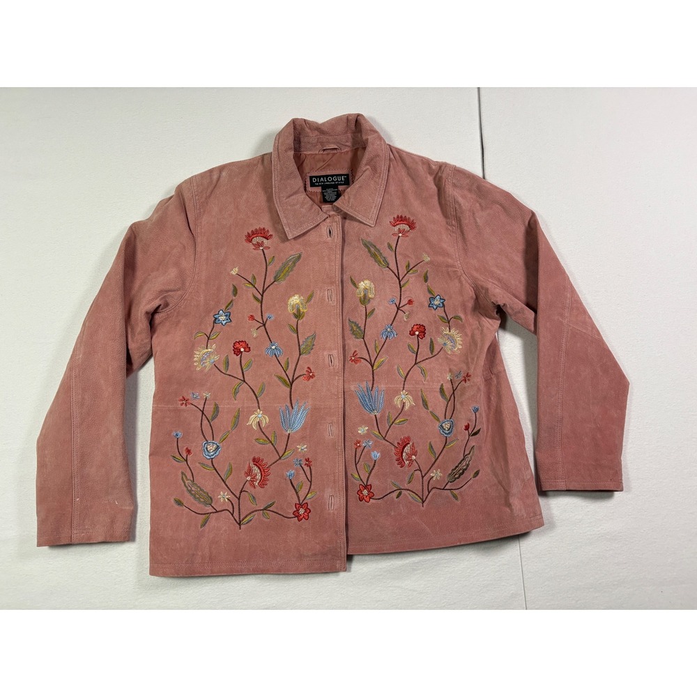 Dialogue Pink Suede Leather Embroidered Floral Jacket XL Boho Button Up Lined